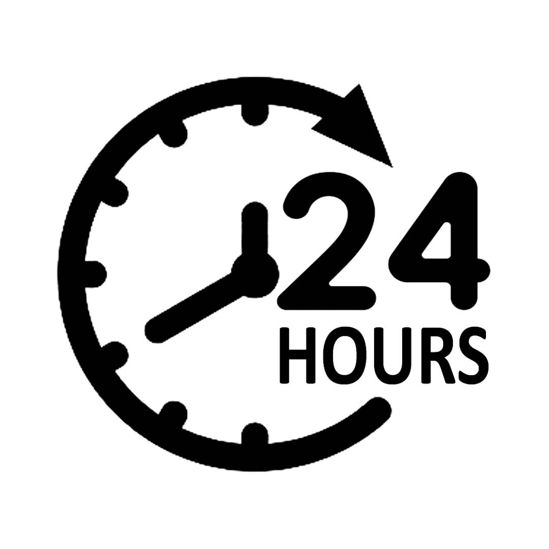 Black clock face with '24 Hours' text on a white background