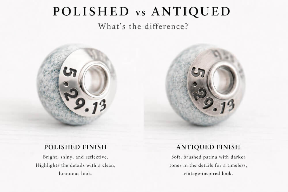 A comparison memorial bead finish graphic showing two silver beaded charms with the date 5.29.13