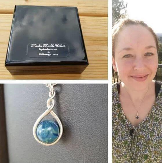 Collage of a jewelry box, pendant, and a person wearing the pendant.