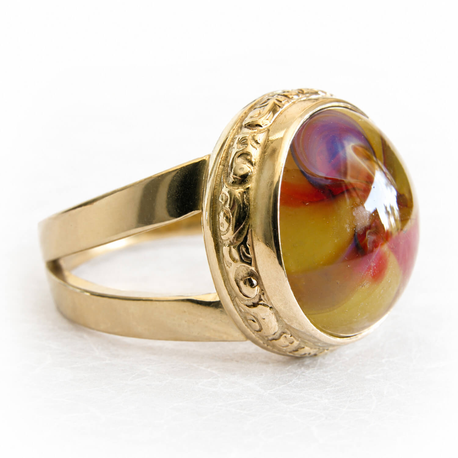 Hand crafted 14k gold memorial ring with hand blown gem stone infused with cremation ashes