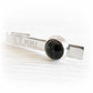 Memorial tie bar keepsake with custom engraving together with a artisan crafted black glass cremation cabochon 
