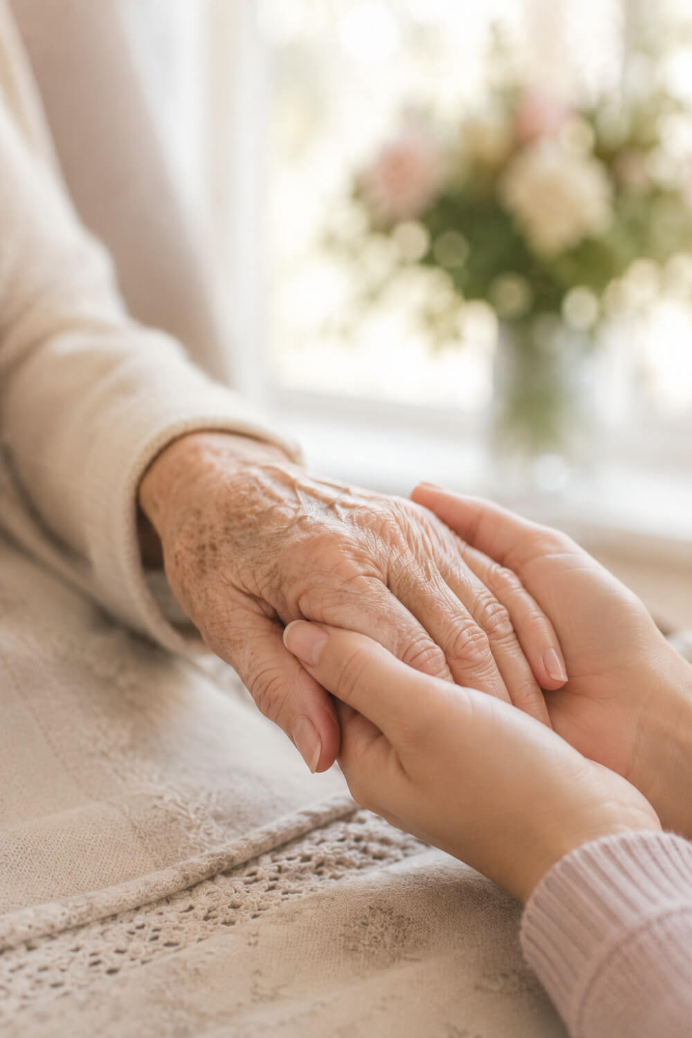 Close-up of an elderly hand holding a younger hand, with a soft blurred background.