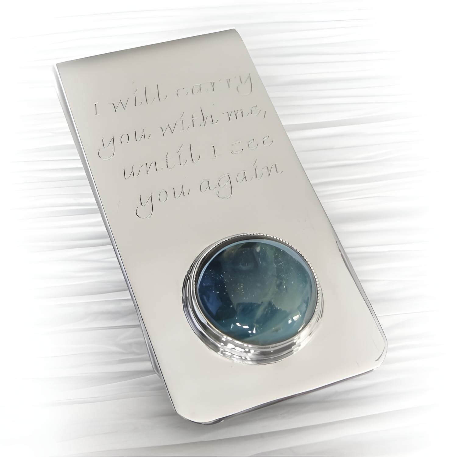 Sterling silver money clip with custom engraving and an ash infused cabochon 