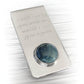 Custom engraved sterling silver money clip featuring a hand blown glass cabochon infused with cremation ashes 