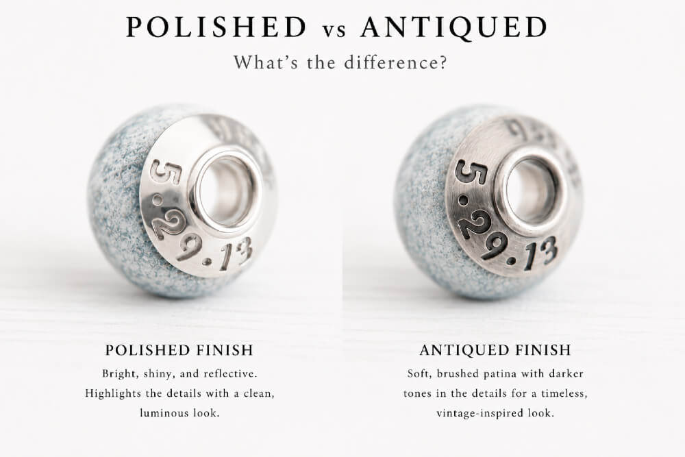 Two memorial beads with sterling silver bead caps engraved with  numbers '5.29.13' labeled 'Polished Finish' and 'Antiqued Finish