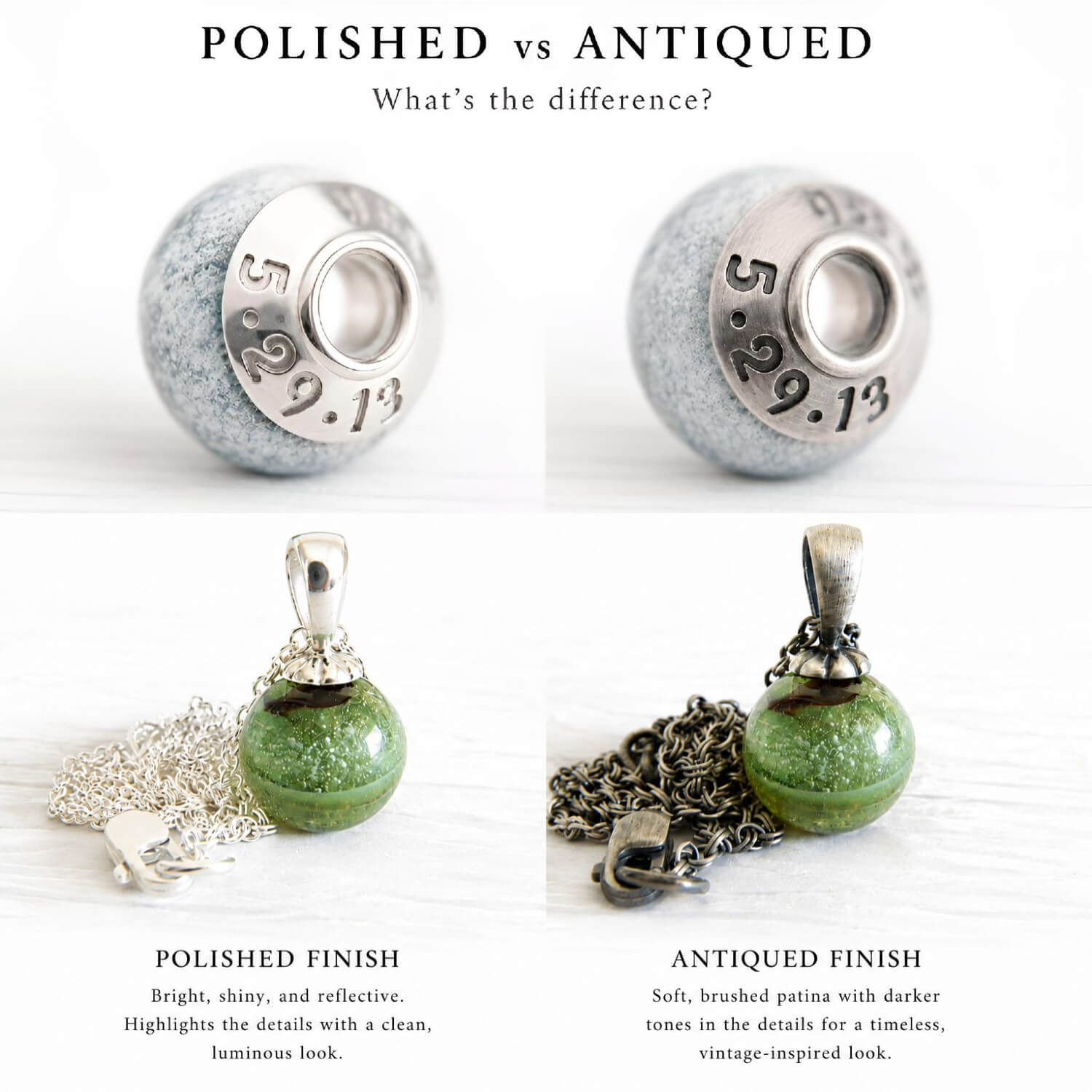 Pair of glass memorial beads and two memorial glass memorial pendant showing polished and antiqued finishes