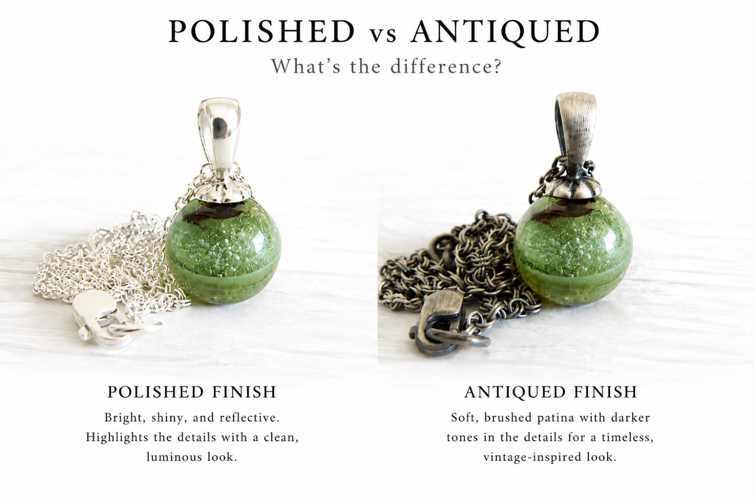 Two green cremation marble pendants with silver chains on a white background, labeled 'Polished' and 'Antiqued'.