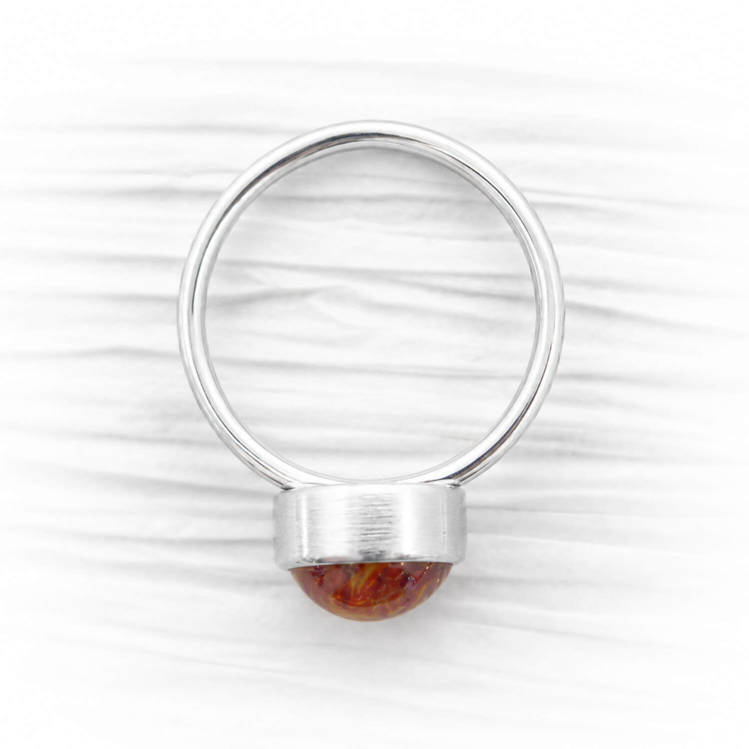 Brushed sterling silver memorial keepsake ring with an ash infused glass center piece  