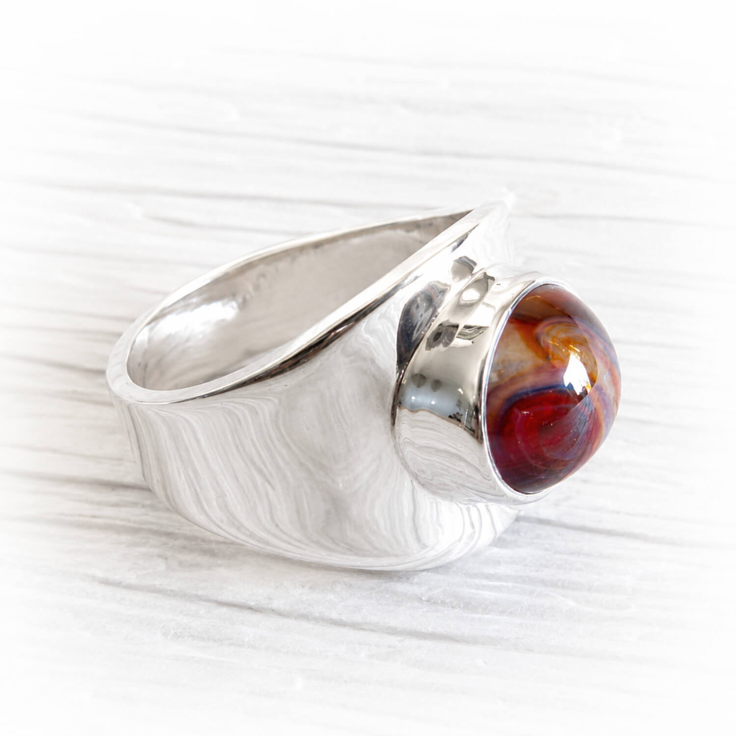 Sterling silver memorial ring with red and amber hand blown glass infused with pet ashes