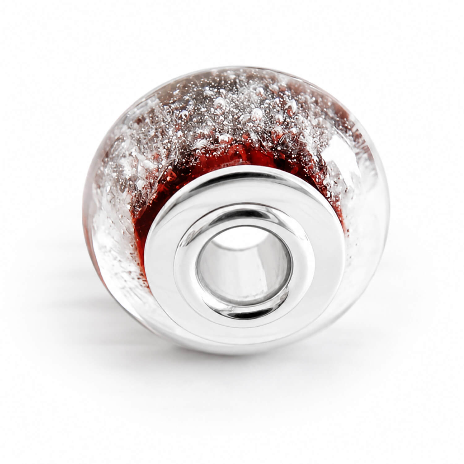 Red glass memorial charm bead with sterling silver center and accents 