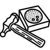 Black and white line art illustration of a chasing hammer and jewelers bench block on a plain white background.