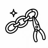 Black line art icon of a chain link with pliers and a sparkle, on a plain white background.