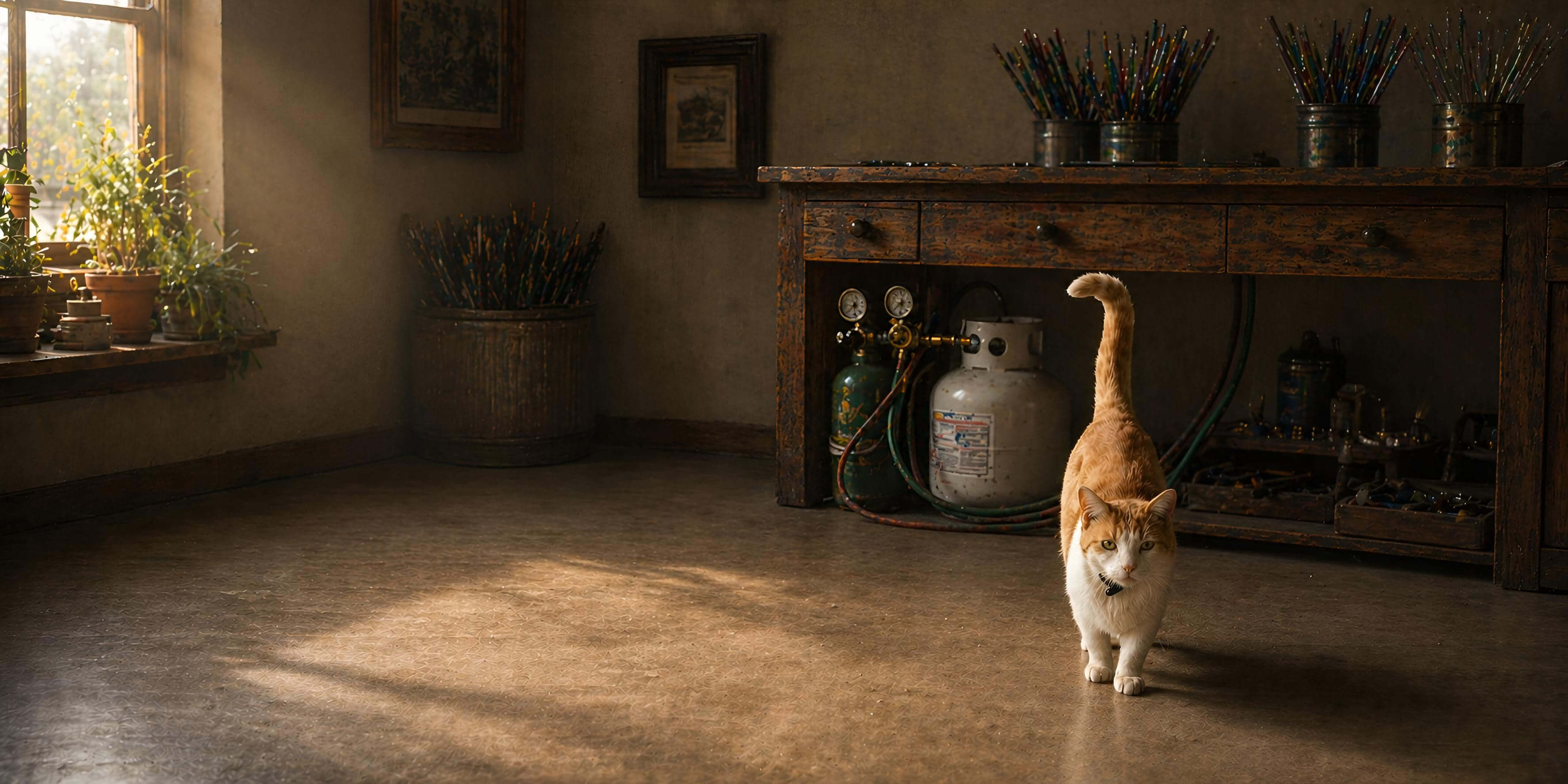 Cat standing in a dimly lit room with wooden furniture and plants.