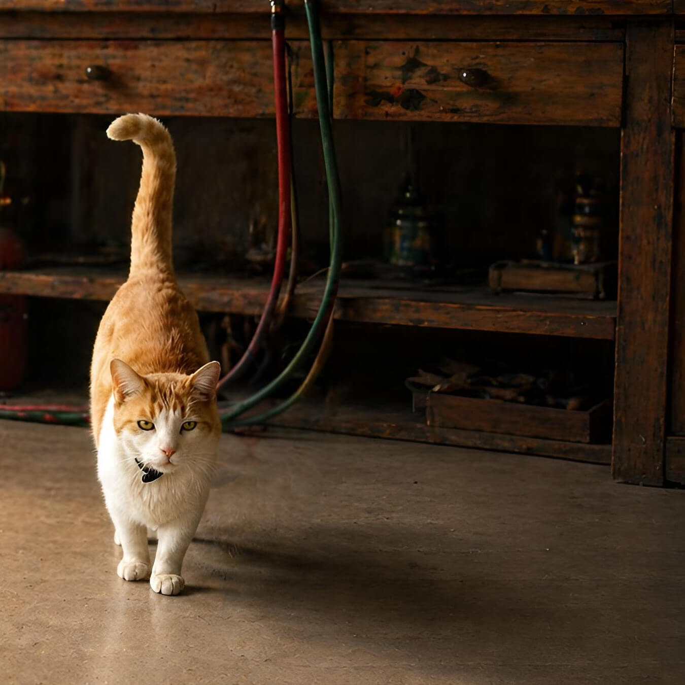 Orange cat in the Locked in Art glass blowing studio in Arizona