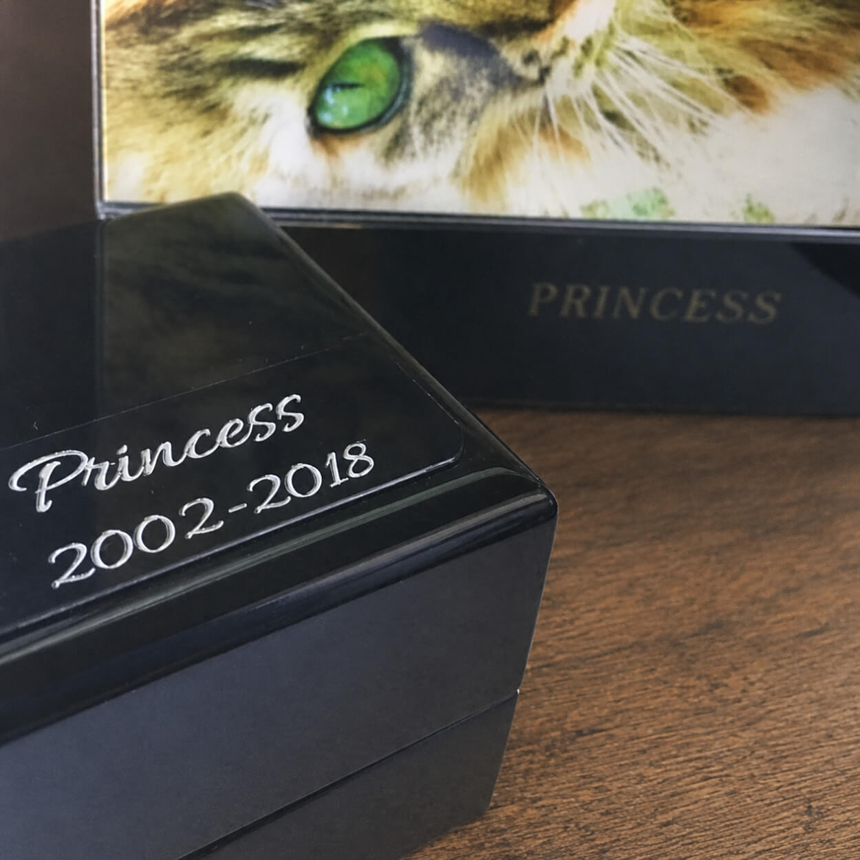 Black pet urn with 'Princess' and years engraved, with a cat's eye in the background.