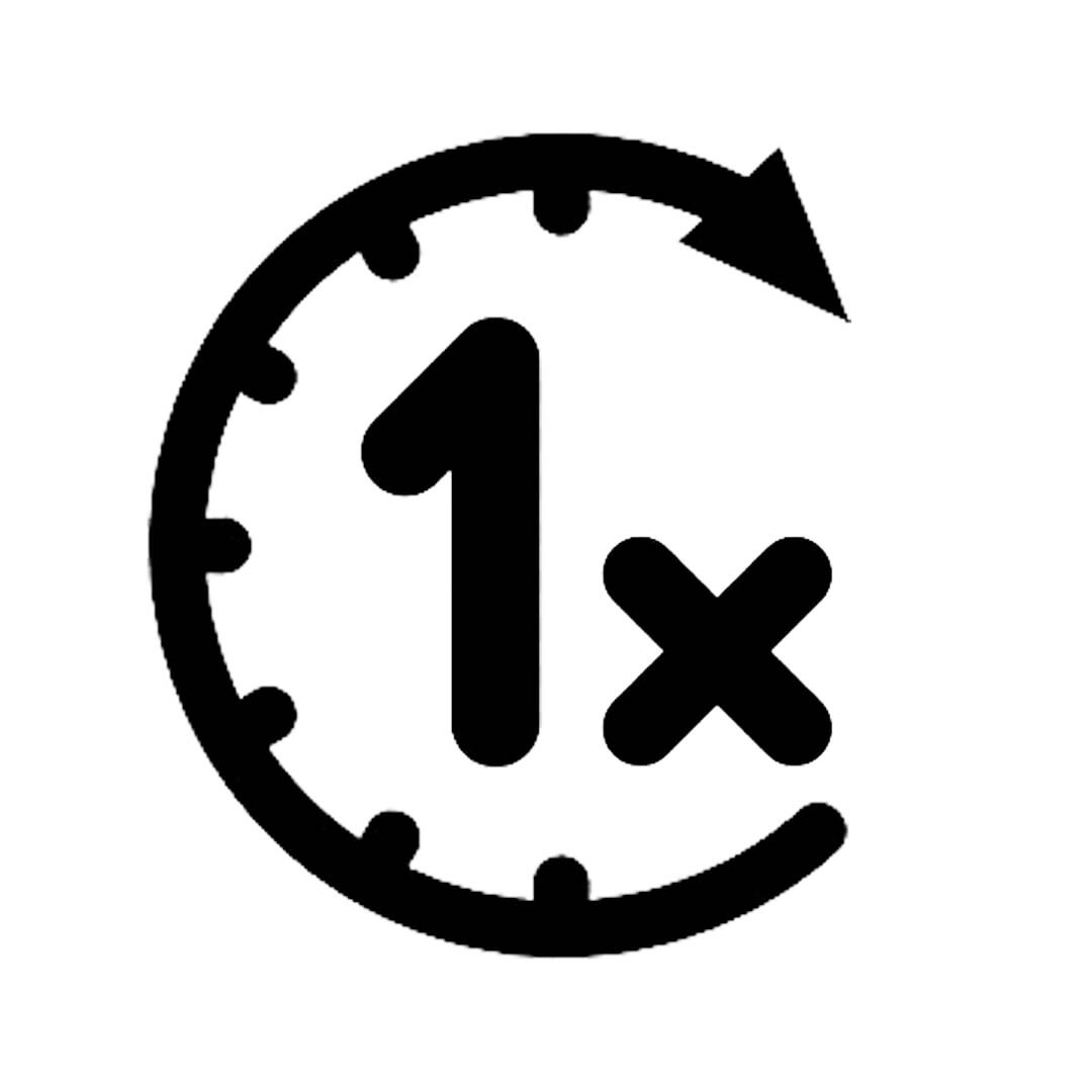 Black clock face with number 1 and multiplication symbol on a white background