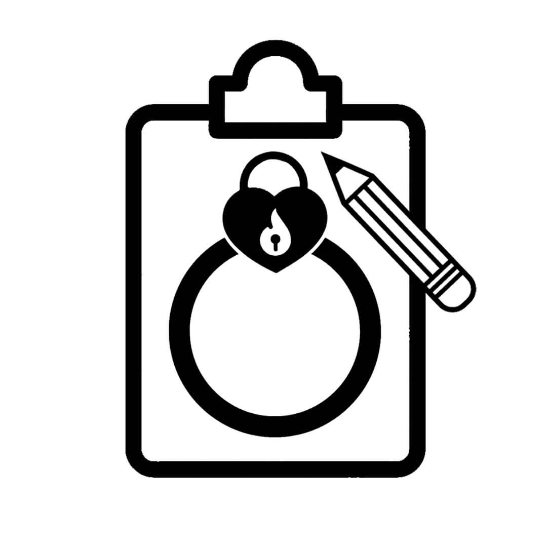 Icon of a clipboard with a heart-shaped lock and pencil on a white background