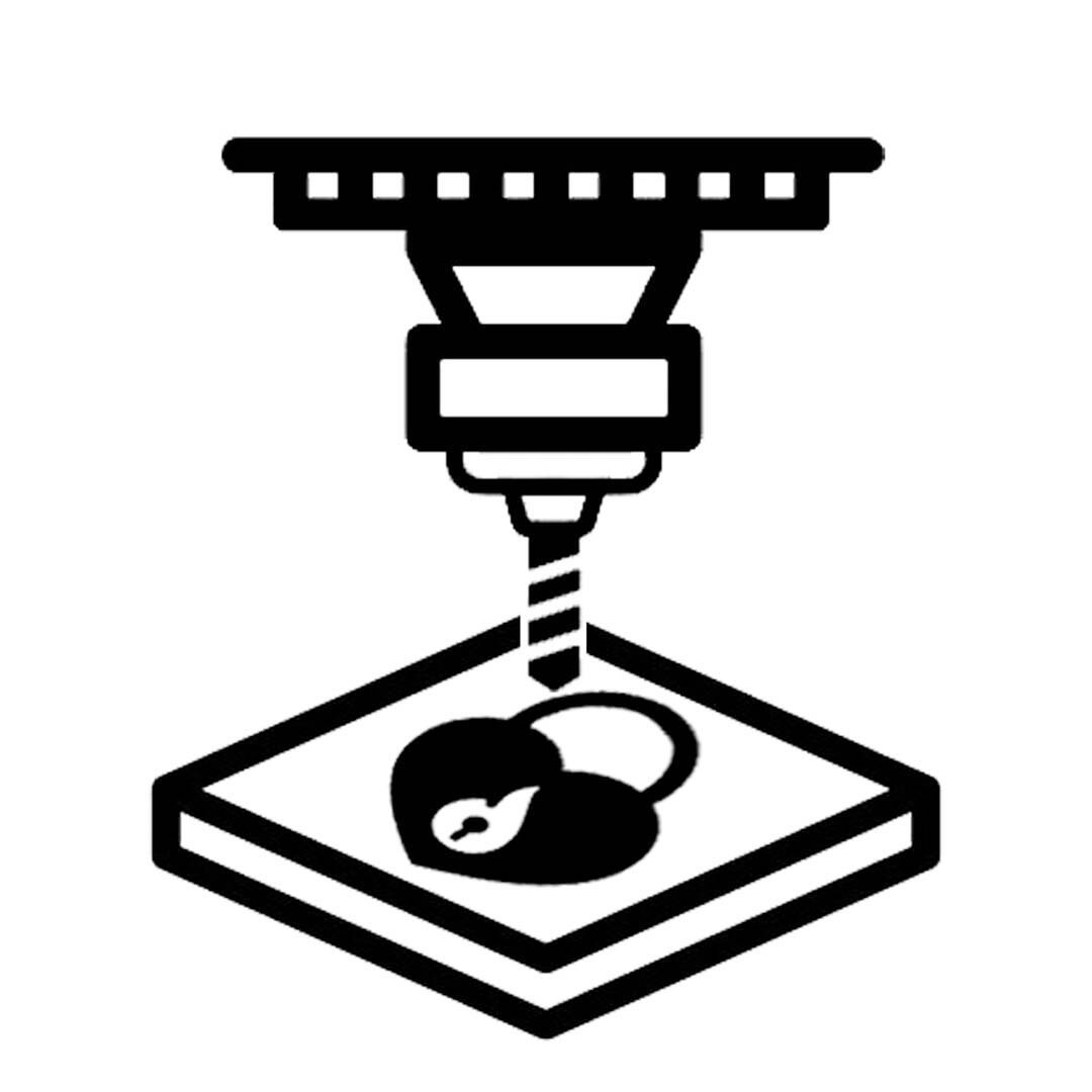 Black and white icon of a milling machine cutting a custom engraving on a white background