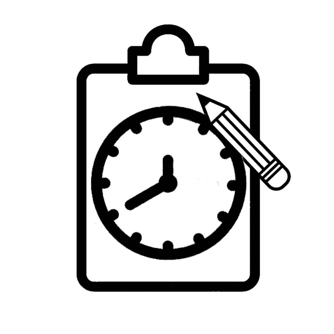 Clipboard and clock icon with a pencil on a white background