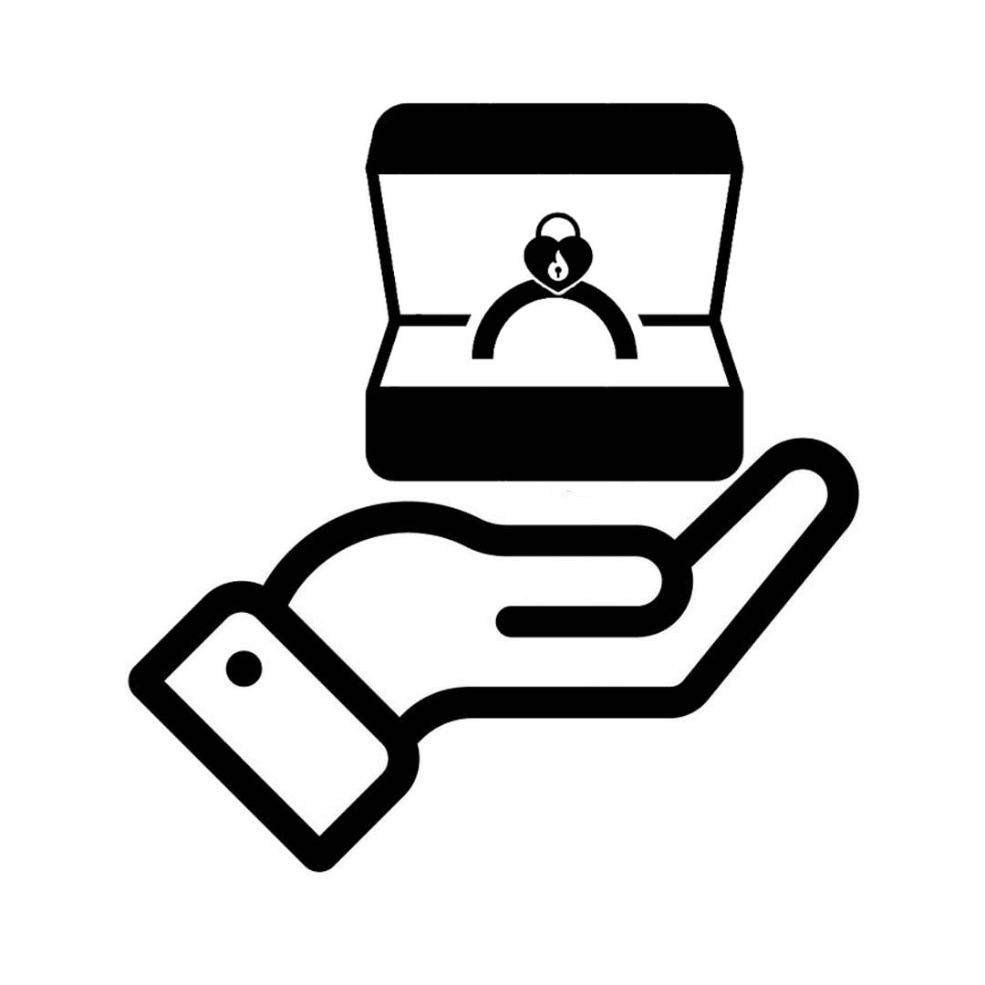 Black icon of a hand holding an open box with a locked in art ring inside on a white background