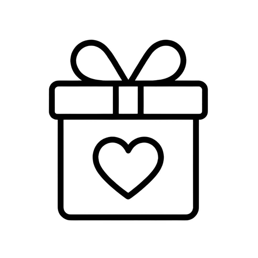 Black line drawing of a gift box with a heart on a white background