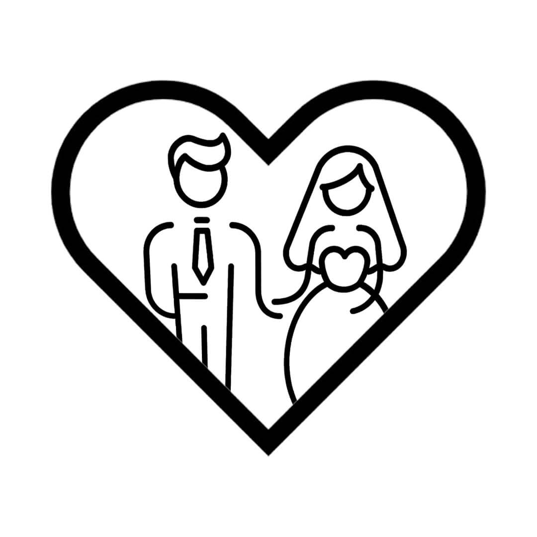 Outline of a couple holding hands inside a heart shape on a white background