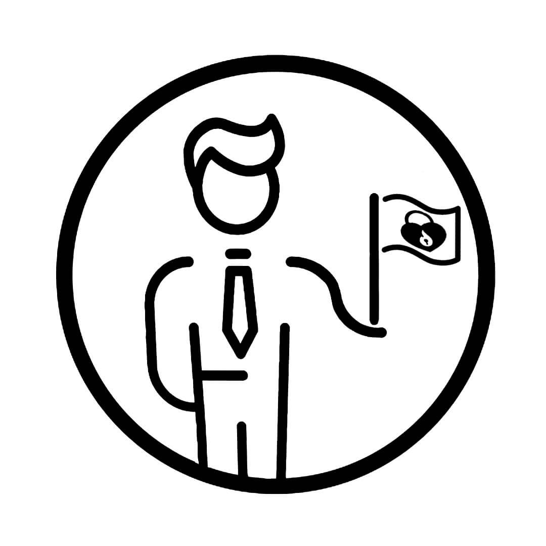Black and white icon of a person holding a flag with a locked in art logo on a white background