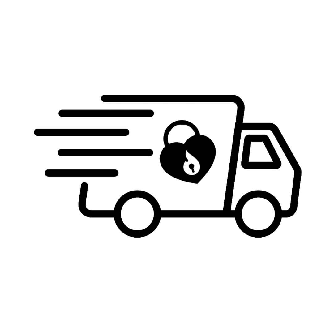 Icon of a delivery truck with a locked in art logo on a white background