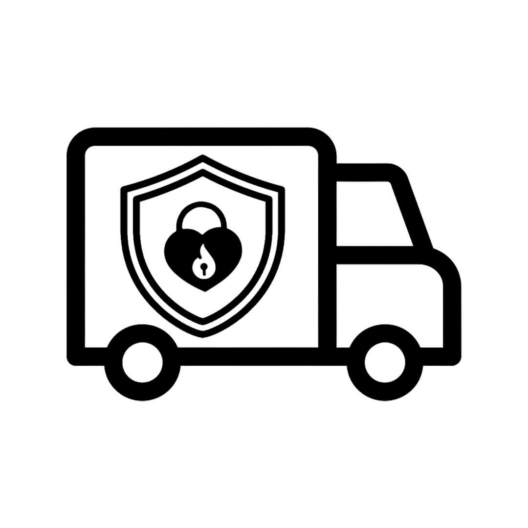 Icon of a delivery truck with a shield and locked in art logo on a white background