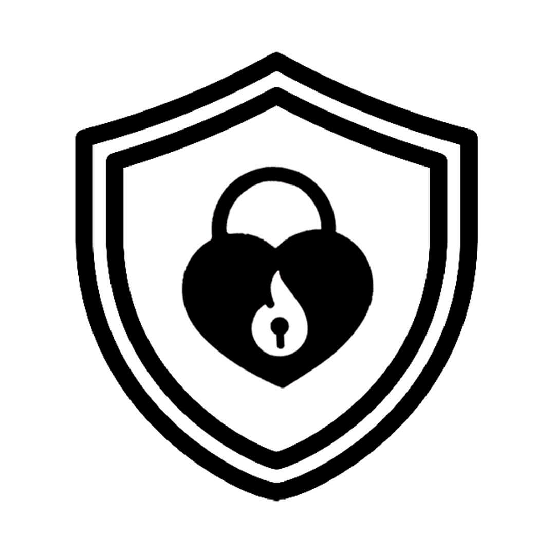 Black icon of a shield with a heart-shaped lock on a white background