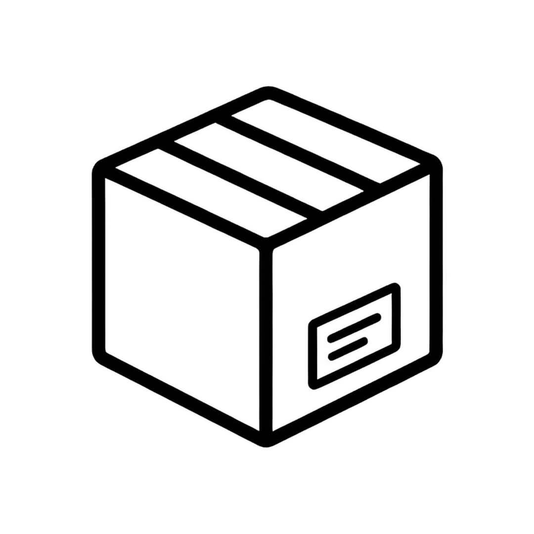 Black and white icon of a box with a label on a white background
