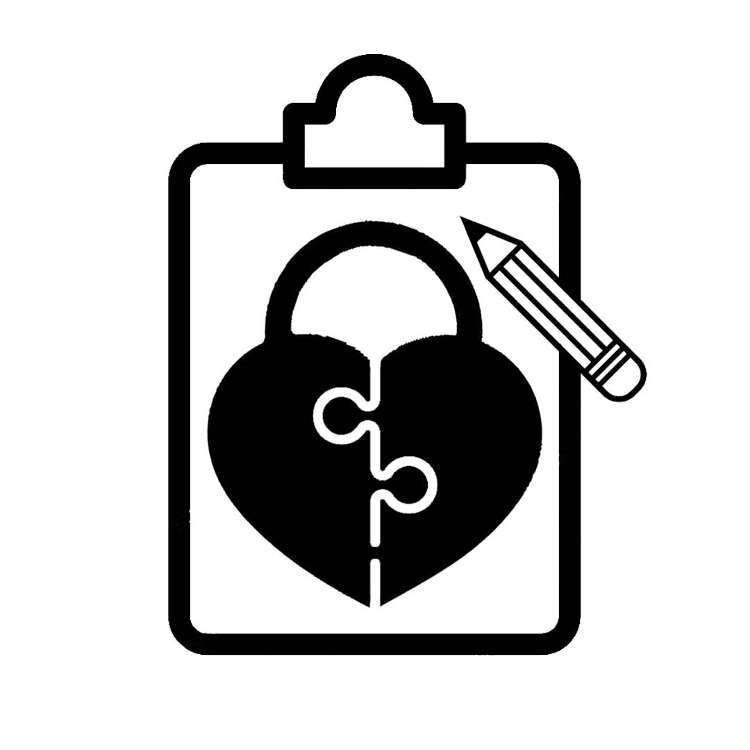 Icon of a heart with a puzzle piece, a clipboard, and a pencil on a white background