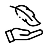 A minimalist black line icon depicting a hand reaching up toward a feather, set against a solid white background.