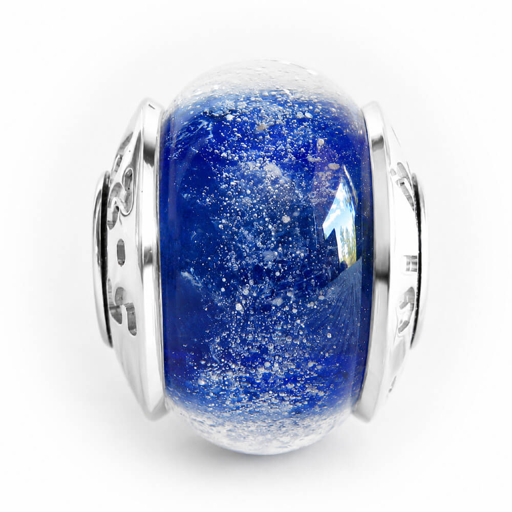 Cobalt memorial glass bead color sample with custom engraved bead caps