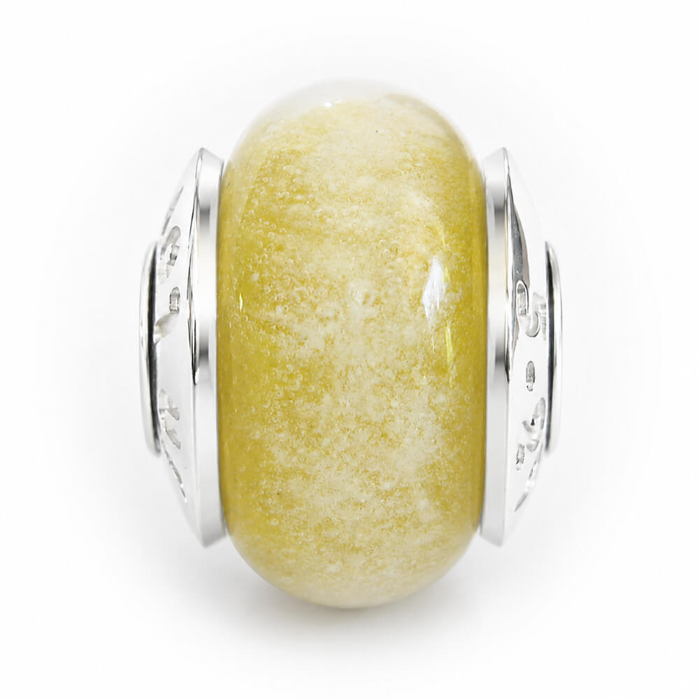 Daffodil memorial glass bead color sample with custom engraved bead caps