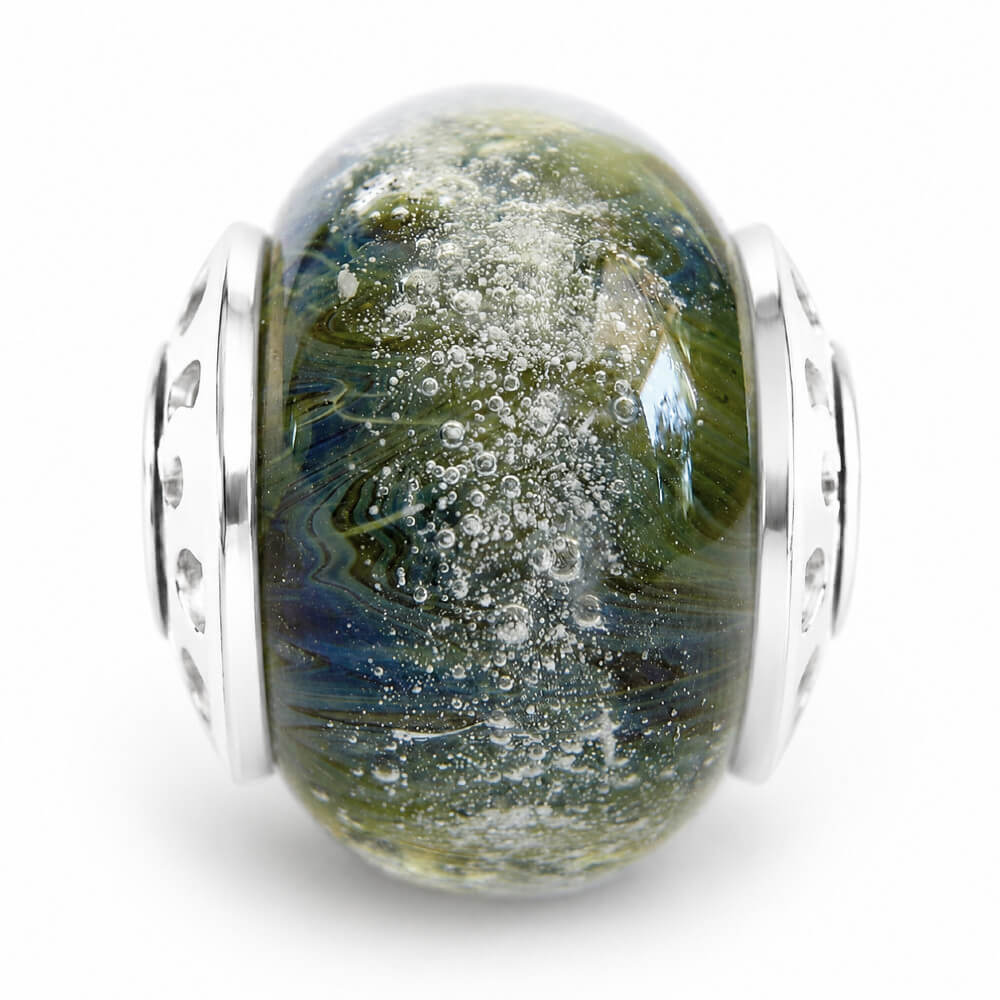 Fern memorial glass bead color sample with custom engraved bead caps