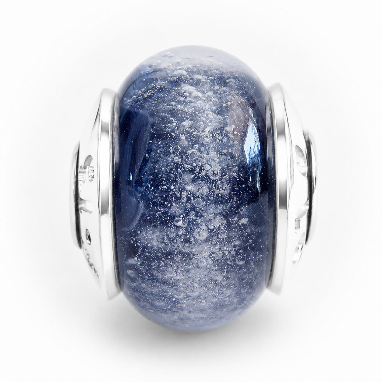 Lapis memorial glass bead color sample with custom engraved bead caps