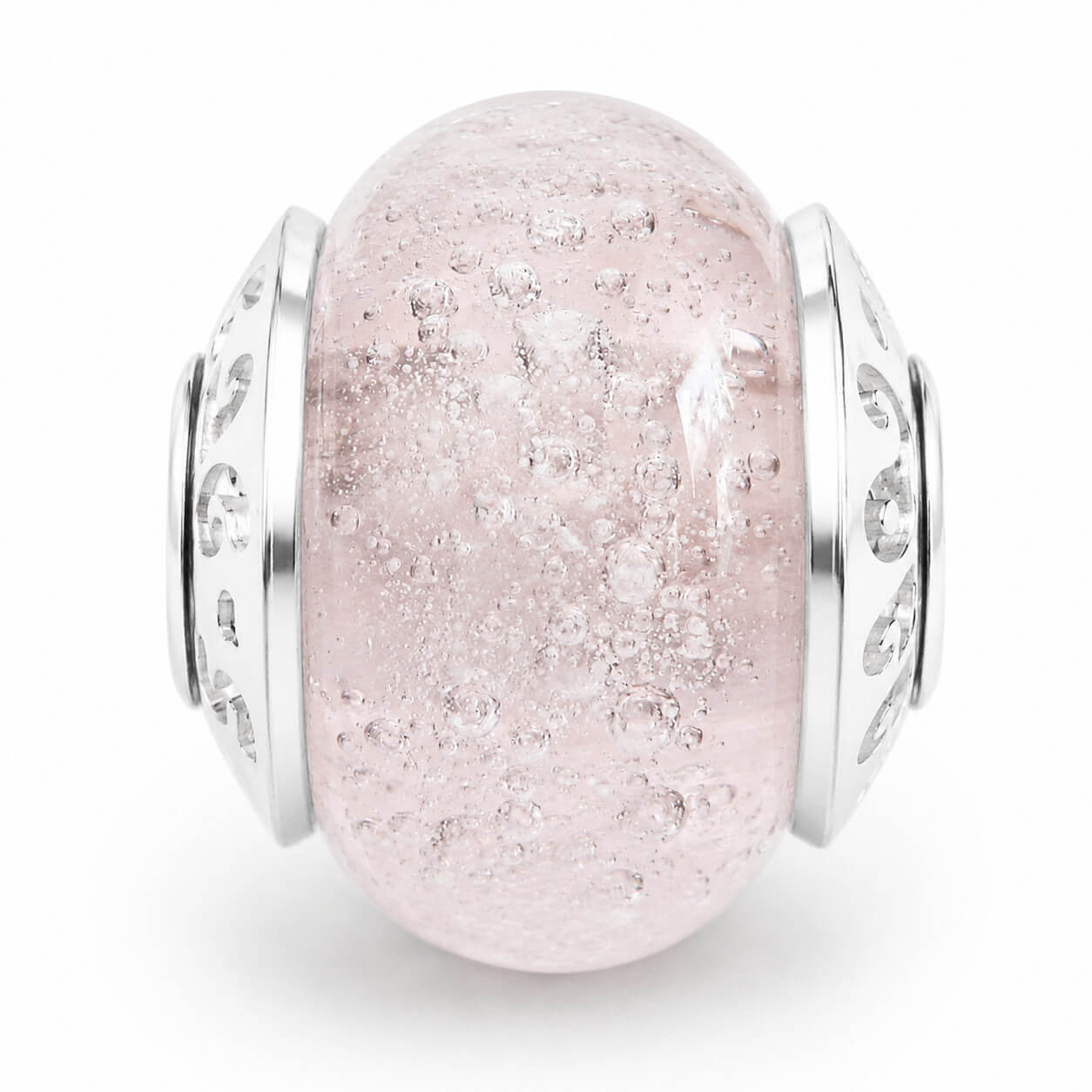 Pink Blush memorial glass bead color sample with custom engraved bead caps