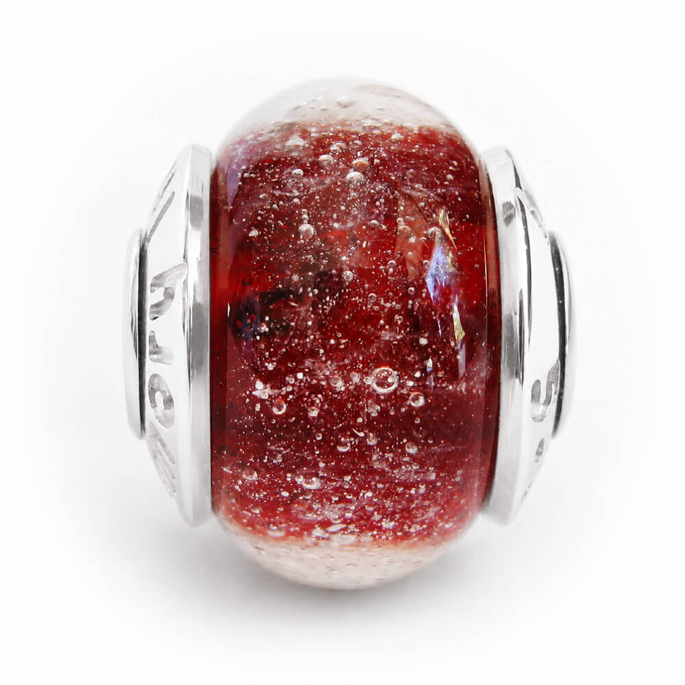 Ruby memorial glass bead color sample with custom engraved bead caps