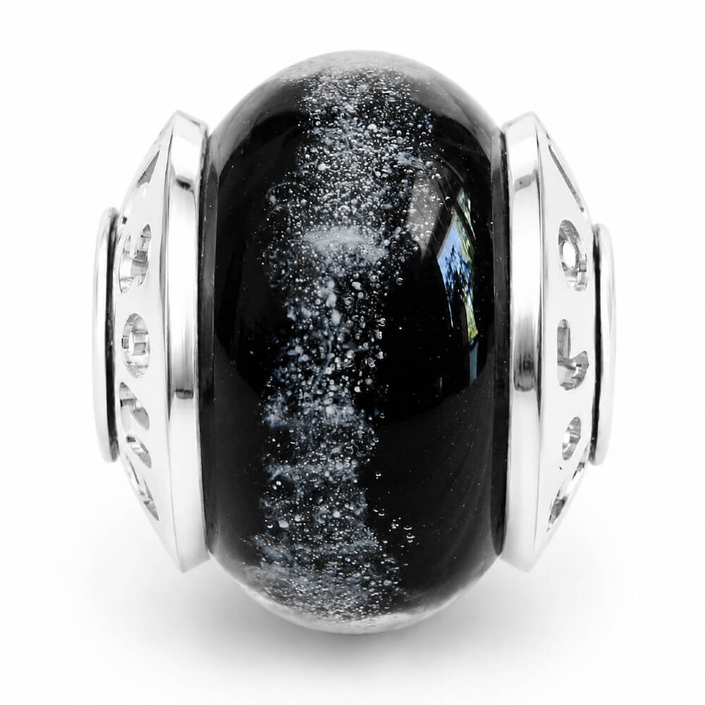 Sparkling Onyx memorial glass bead color sample with custom engraved bead caps