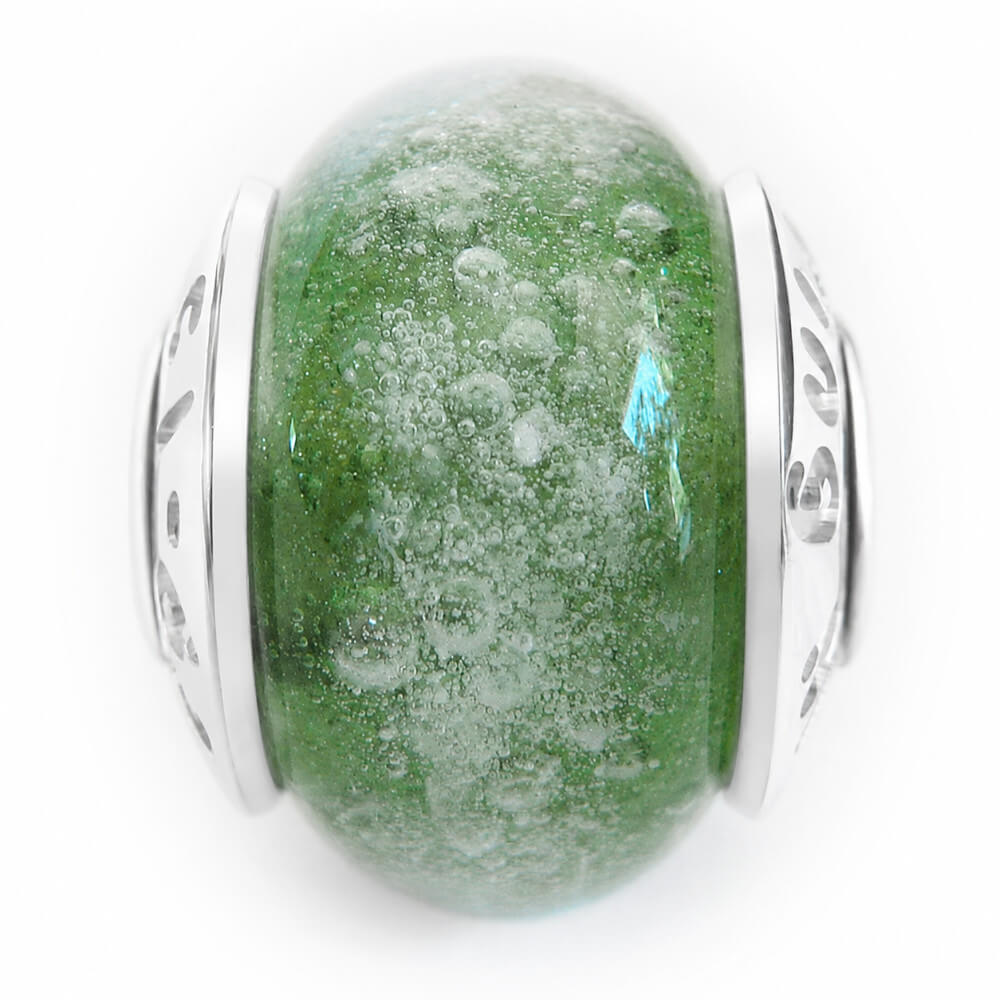 Sparkling Pear memorial glass bead color sample with custom engraved bead caps