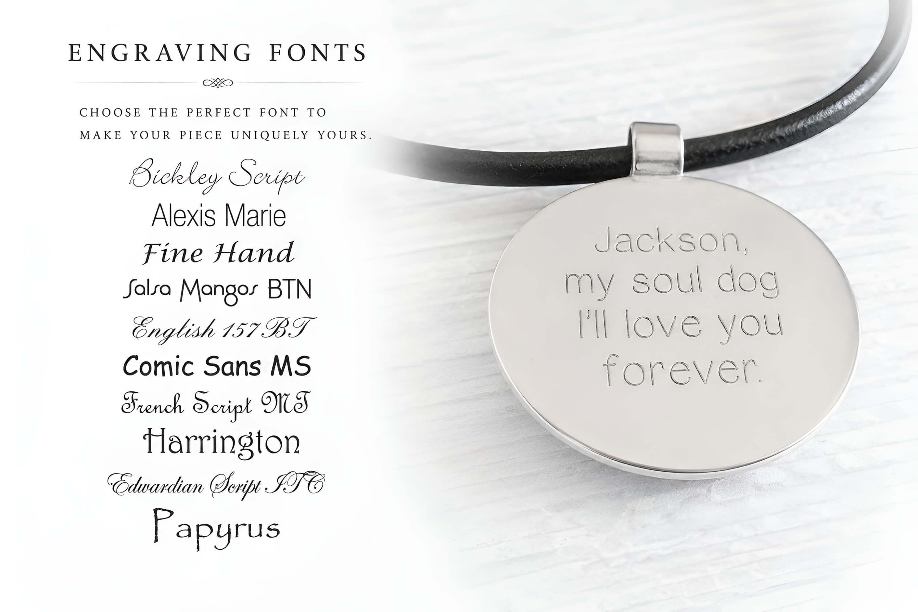 Hand crafted sterling silver pendant with custom engraving and a chart showing the available fonts to choose from
