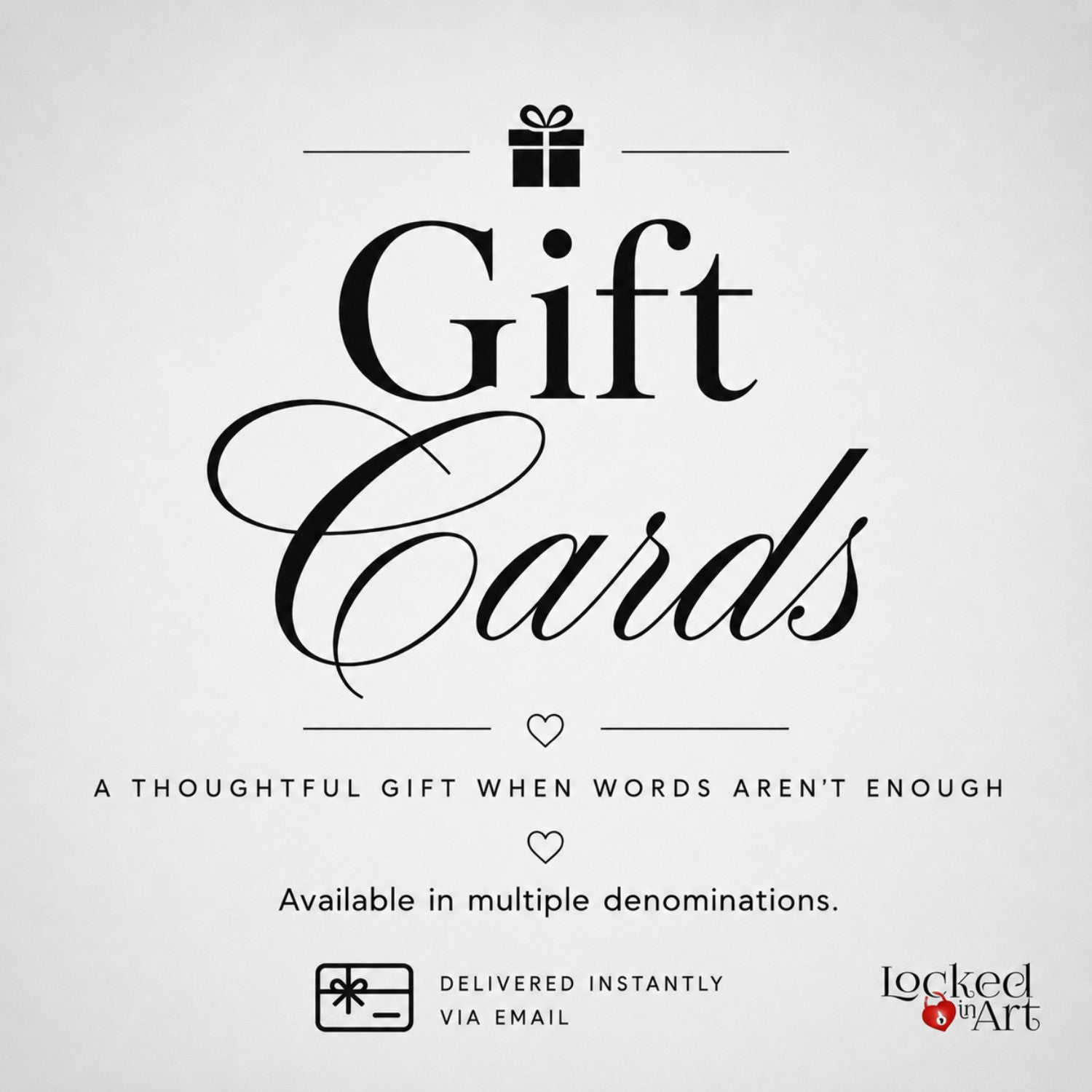 Gift cards listing for Locked In Art cremation memorial jewelry with text and a logo on a white background