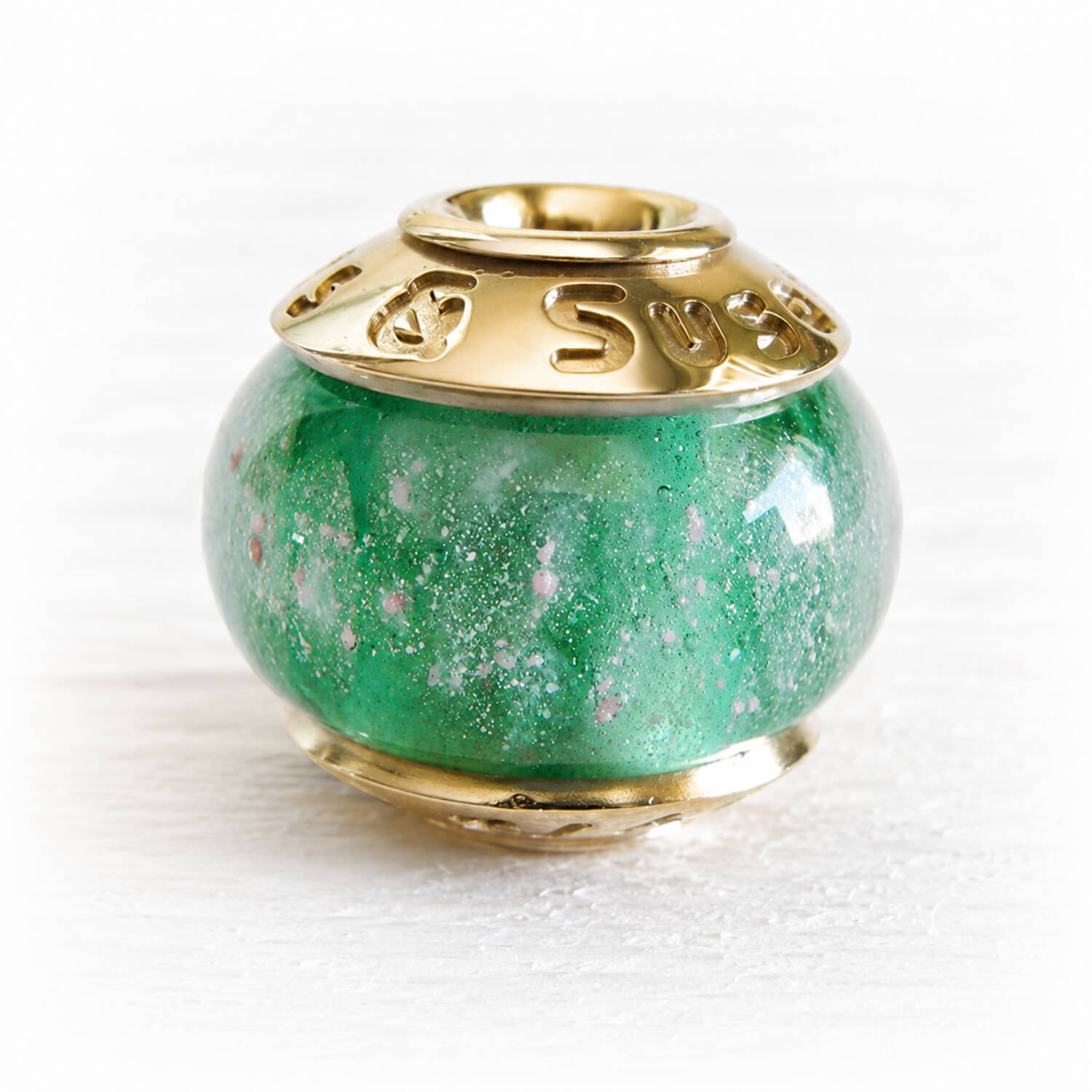 Glass memorial bead with personalized 14k gold end caps