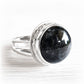 Black artisan crafted glass swirled with ashes set in a polished sterling silver memorial ring