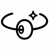 A minimalist black line art icon depicting a circular bead with an open curved loop behind it and a small sparkle accent, set against a solid white background.