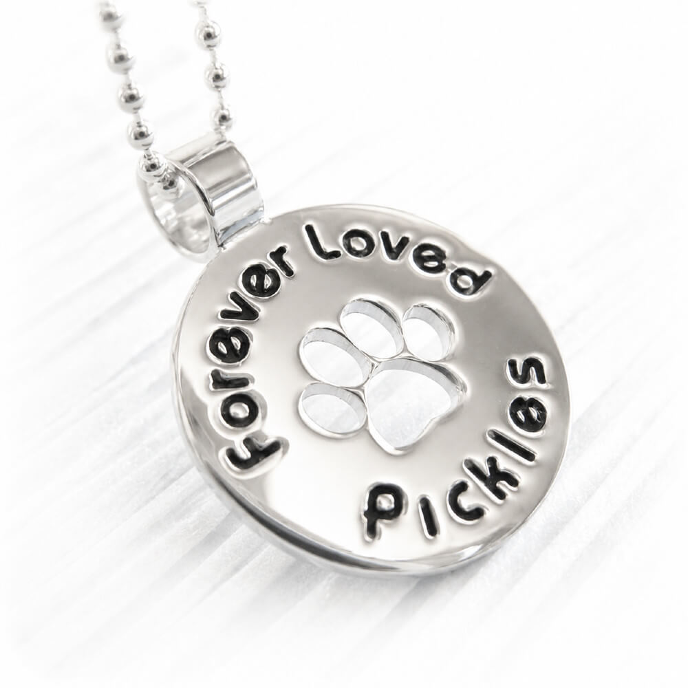 Sterling silver necklace with paw print pendant and 'Forever Loved Pickles' engraving on a white background
