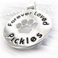 Sterling silver pendant with paw print and 'Forever Loved Pickles' text on a white background