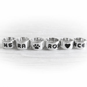 Set of handmade polished sterling silver slider beads with customized engraving