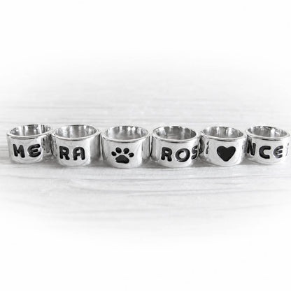 Set of handmade polished sterling silver slider beads with customized engraving